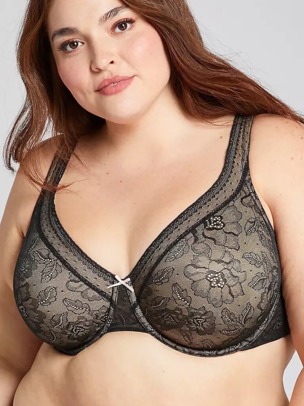 🆕 Cacique Black Lace Bra 42C Full Coverage Underwire Nude with Pink Bow LIKE NEW